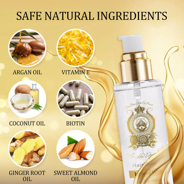 Argan oil vitamin e coconut oil biotin ginger root swet almond oil some of the ingridients of ace argan oil hair serum
